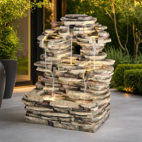 Fontaine cascade rocheuse H100cm en polyrésine avec éclairage LED et pompe - Lumineo