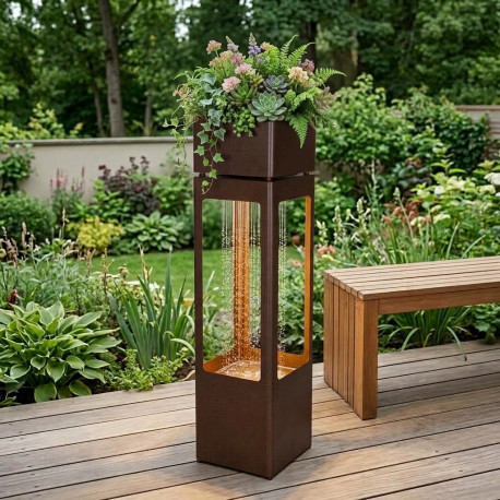 Fontaine XL design jardinière H121cm en acier galvanisé avec éclairage LED et pompe - Coloris rouille - Lumineo