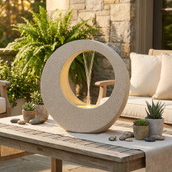 Fontaine moderne cercle H72cm en polyrésine avec éclairage LED et pompe - Coloris blanc - Lumineo