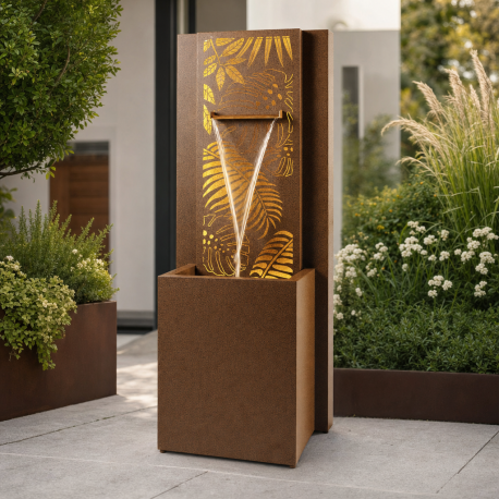 Fontaine lame d'eau décor feuilles H107cm en acier galvanisé avec éclairage LED et pompe - Lumineo