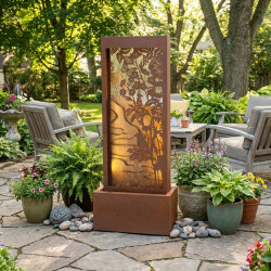 Fontaine XL décor floral H123cm en acier galvanisé avec éclairage LED et pompe - Lumineo