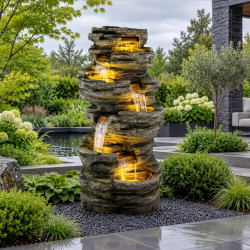 Fontaine cascade rocheuse XXL H202xL102cm en polyrésine avec éclairage LED et pompe - Lumineo