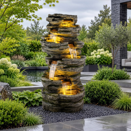 Fontaine cascade rocheuse XXL H202xL102cm en polyrésine avec éclairage LED et pompe - Lumineo